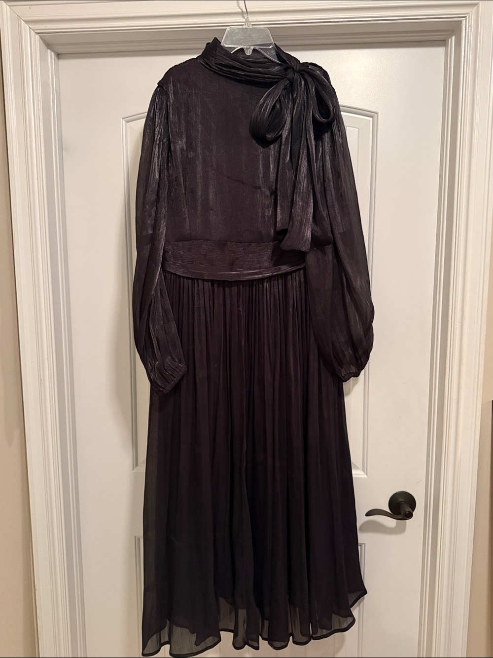 Satin Tie-Neck Long Sleeve Maxi Dress in Deep Black
